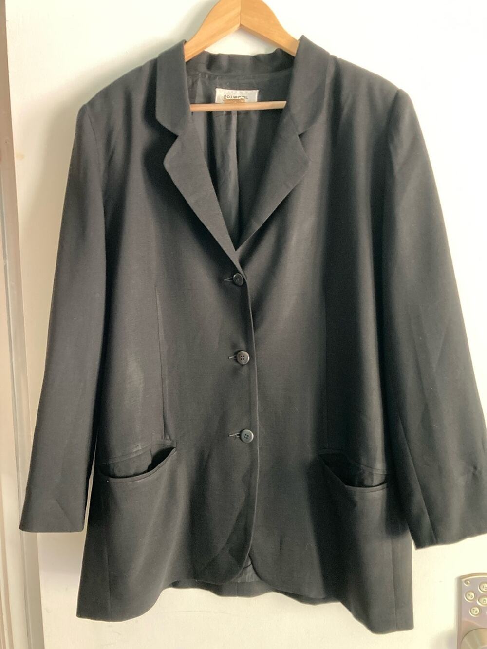 Vintage Go Silk Wool Black Blazer Jacket Women XL Single Breasted 3 Button Lined